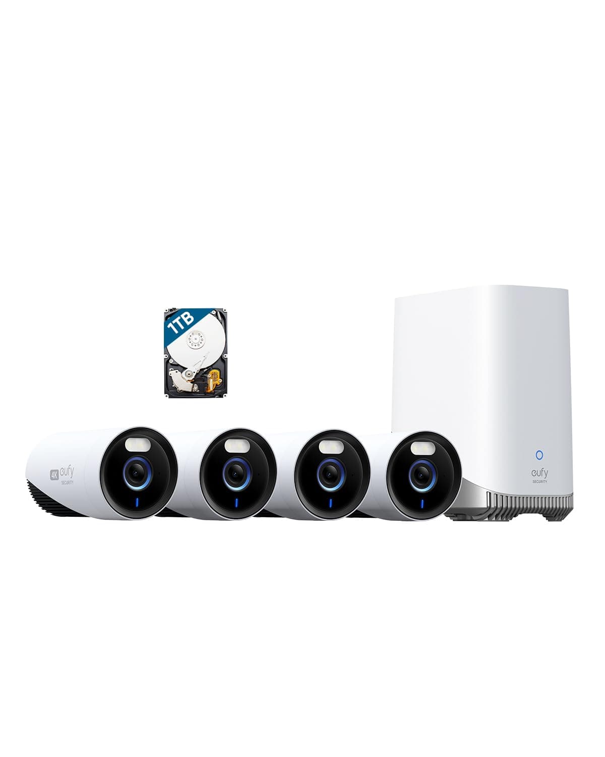 eufy Security eufyCam E330 (Professional) Kit de 4 cámaras, Sistema de seguridad exterior 4K, grabación 24/7, enchufable, NVR Wi-Fi, disco duro de 1 TB incluido, 10 canales, almacenamiento local, sin cuota mensual T8600