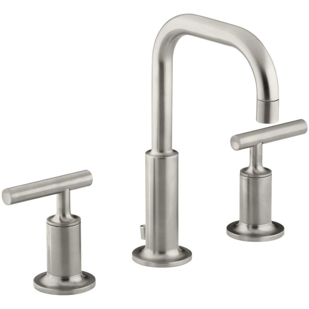 KOHLER K-14406-4-SN Purist Grifería Widespread con Pico Gooseneck Bajo y Manijas Bajas, Nickel Pulido