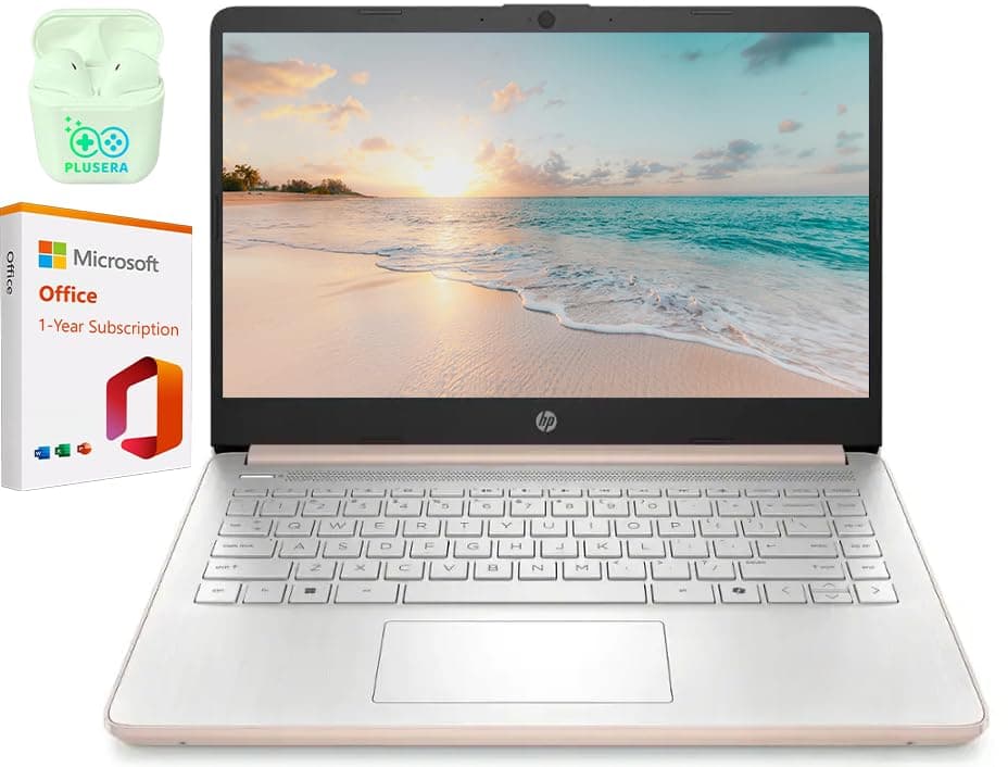 HP Laptop empresarial LED 14", 32GB RAM, 640GB de almacenamiento (128GB UFS + 512GB tarjeta SD), Intel Quad-Core N150, Windows 11 S y 1 año de Microsoft Office 365 incluido, audífonos PLUSERA, rosa dorado HP 14