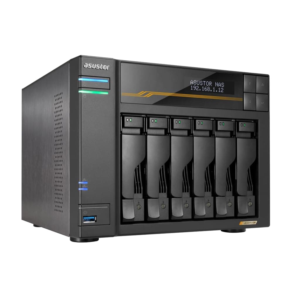 Asustor Lockerstor 6 Gen3 AS6806T 6 bahías NAS, AMD Ryzen Quad-Core 2.3GHz, 16GB ECC DDR5,4x M.2 NVMe, Doble 5GbE y 10GbE (sin discos)