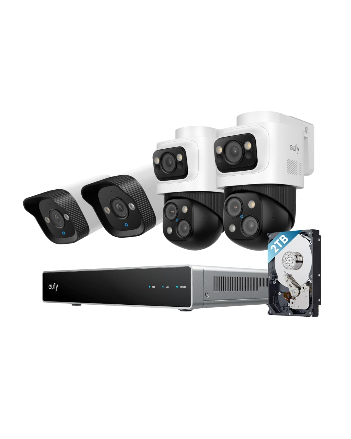 Sistema de Cámaras de Seguridad eufy PoE NVR S4, Grabación 24/7, Hasta 16 Canales, HDD 2TB, 2 Cámaras Bullet-PTZ, 2 Cámaras Bullet, PTZ 360°, Autoencuadre y Seguimiento con IA, Búsqueda de Video Inteligente, Visión Nocturna a Color T8E00