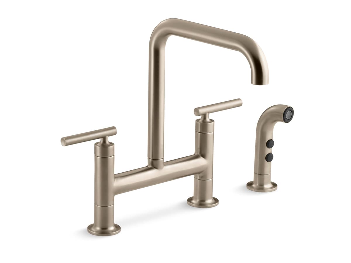 KOHLER Purist Grifería de Cocina Montaje en Puente con Rociador, Bronce Cepillado 7548-4-BV