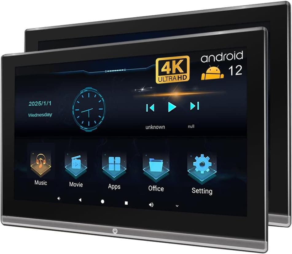 Bsldtor Pantalla táctil portátil para reposacabezas de 14 pulgadas Android 12 4K para auto, admite duplicación inalámbrica de teléfono, multimedia con USB, HDMI in/out, SD, conector para auriculares, WiFi, pantalla táctil, Bluetooth, FM, 2 GB RAM + 32 GB (2 unidades) V010