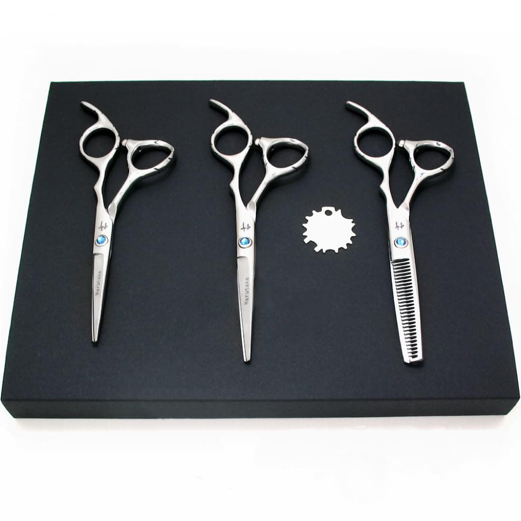 Juego de Tijeras Profesionales Harutake para Corte de Cabello, Acero Japonés 440C - Tijeras de 5.0” y 5.5” + Tijera Entresacadora de 5.5” - Mango Offset Ergonómico, Ultraafiladas
