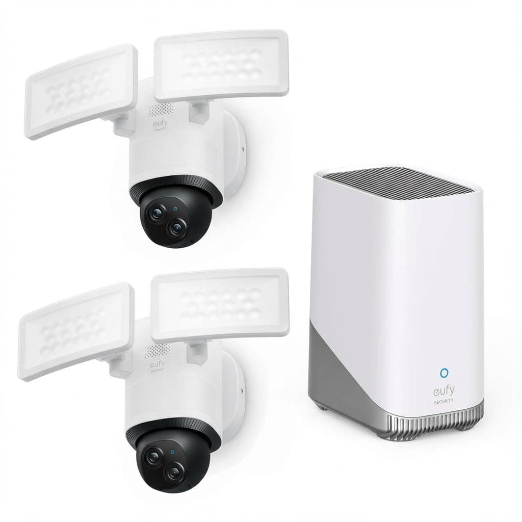 Cámara con Foco Eufy Security Floodlight Wired E340 Paquete de 2 + HomeBase 3, Cámara de Seguridad Exterior, Panorámica e Inclinación 355°, Grabación 24/7, Almacenamiento Expandible, 2000 LM, Detección de Movimiento, Cámara Dual, Sin Cuota Mensual T8425