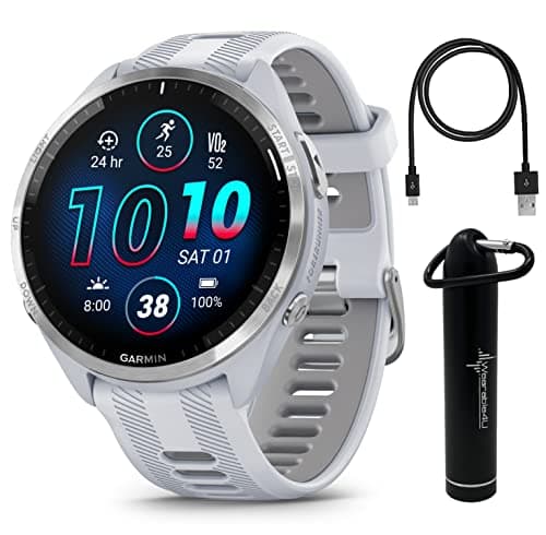 Wearable4U - Reloj inteligente Garmin Forerunner 965 Premium GPS para correr y triatlón de 47 mm con pantalla táctil AMOLED, bisel de titanio y correa de silicona Whitestone con paquete E-Bank wa001