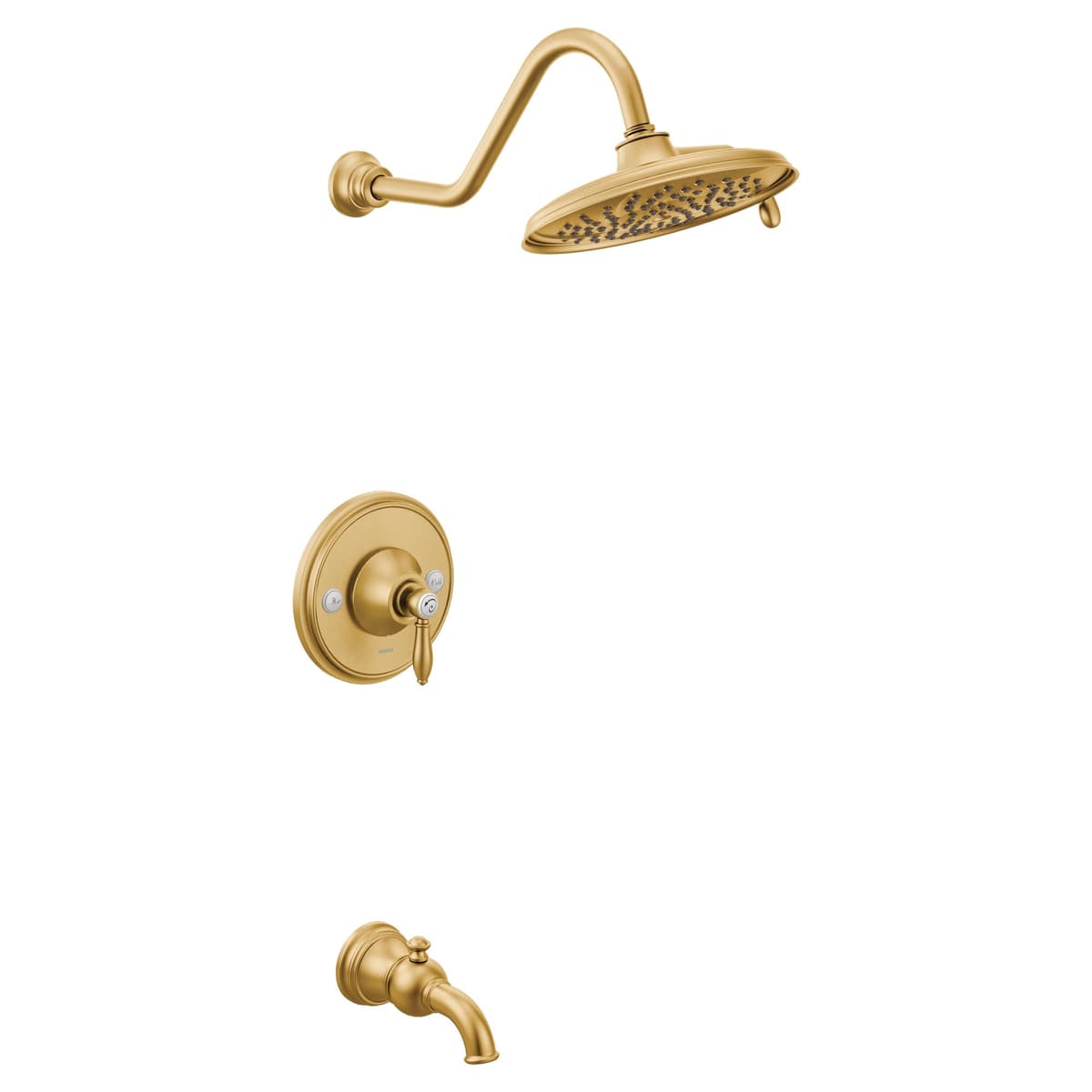 Moen TS32104BG Weymouth Juego de Recorte para Ducha y Tina Posi-Temp, Válvula Requerida, incluye Ducha Lluvia de 9 Pulgadas con 2 Chorros, Dorado Cepillado