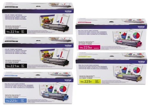 Cartuchos de tóner original Brother TN221BK/TN225C/TN225M/TN225Y 5-pack (2xBK/C/M/Y) para HL-3140CW, HL-3170CDW, MFC-9130CW, MFC-9330CDW