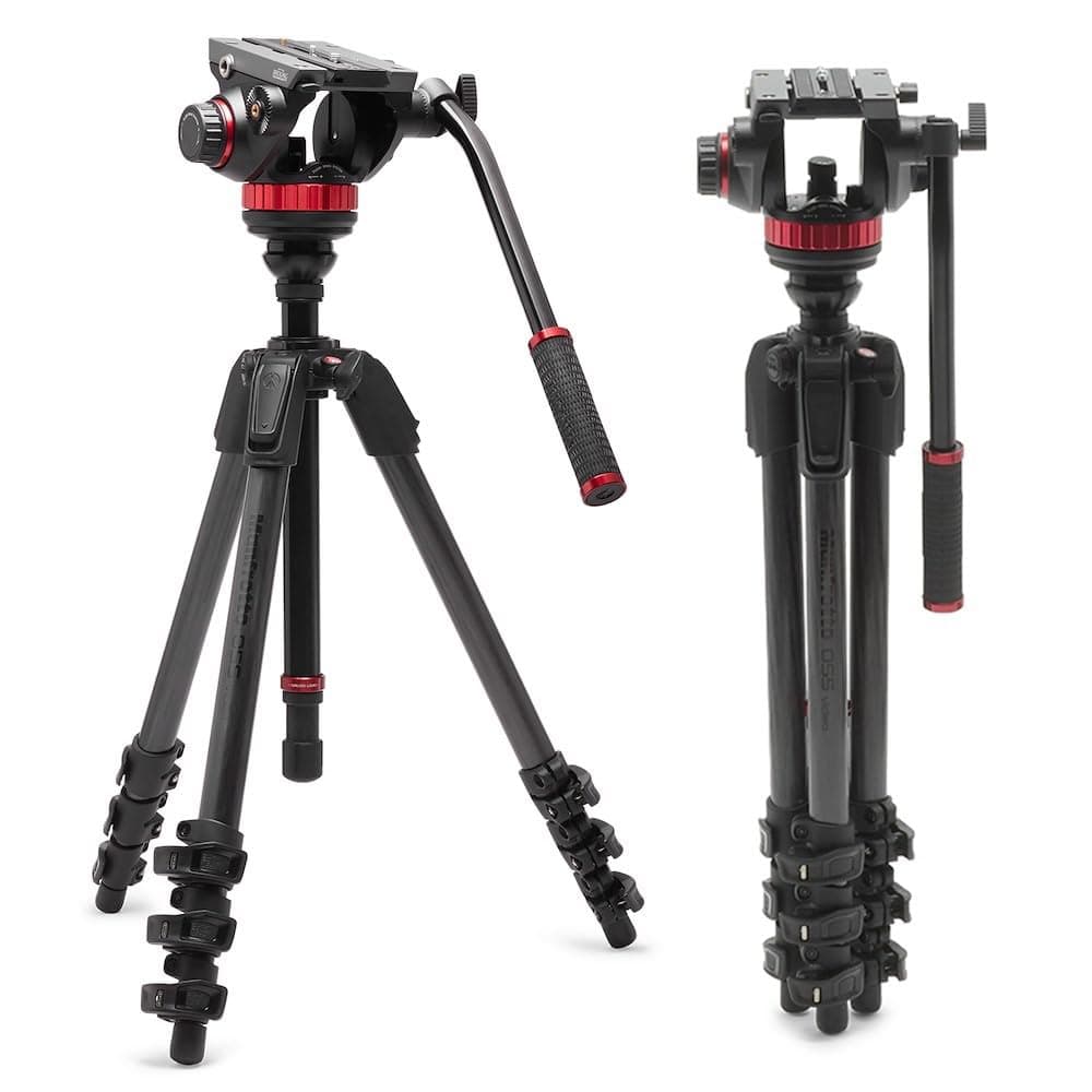 Trípode de video Manfrotto 055 con cabezal fluido 502, fibra de carbono, sistema profesional de alta resistencia, con columna niveladora, cierre de palanca, trípode para cámara, para cámaras DSLR/mirrorless y videocámaras MVK502055CXPROV