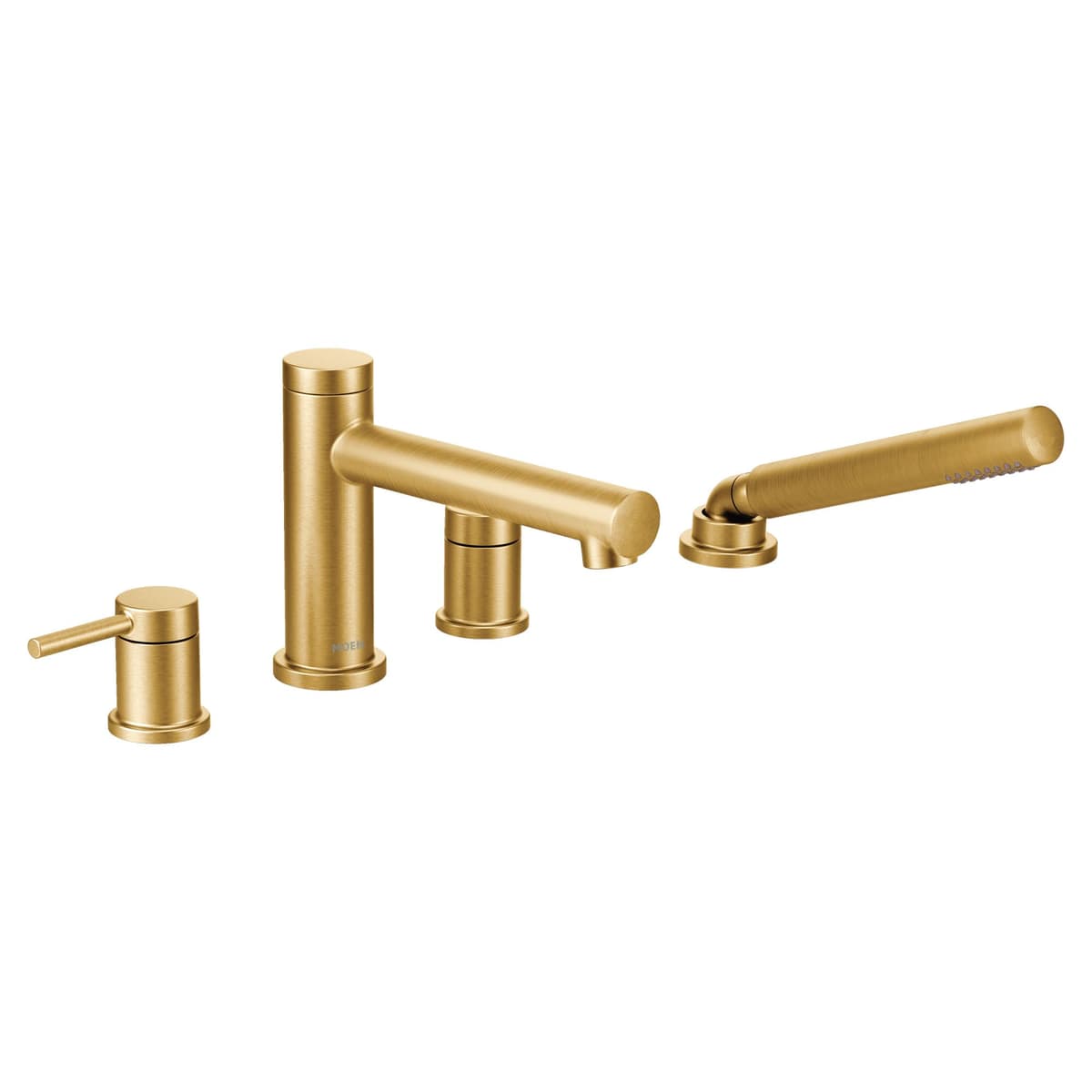 Moen T394BG Kit de terminación de grifo de bañera estilo moderno Align de montaje en cubierta con 2 manijas con ducha de mano de función única, grifos para bañera de 4 orificios con varita de ducha de mano y chorro para bañera, válvula requerida, oro cepillado