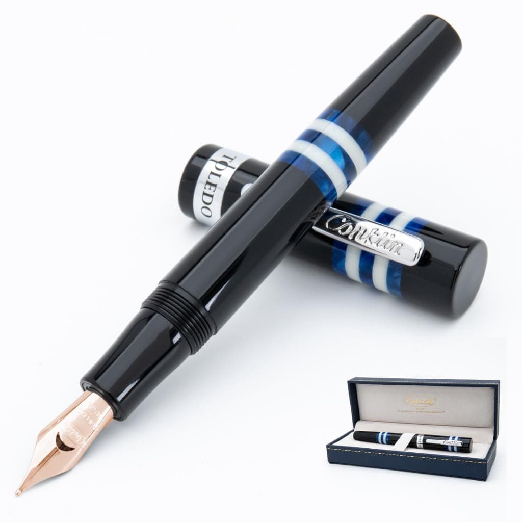 Pluma fuente Conklin Toledo negra con anillos azul y blanco - Punta sólida de oro 14K flexible CK15180