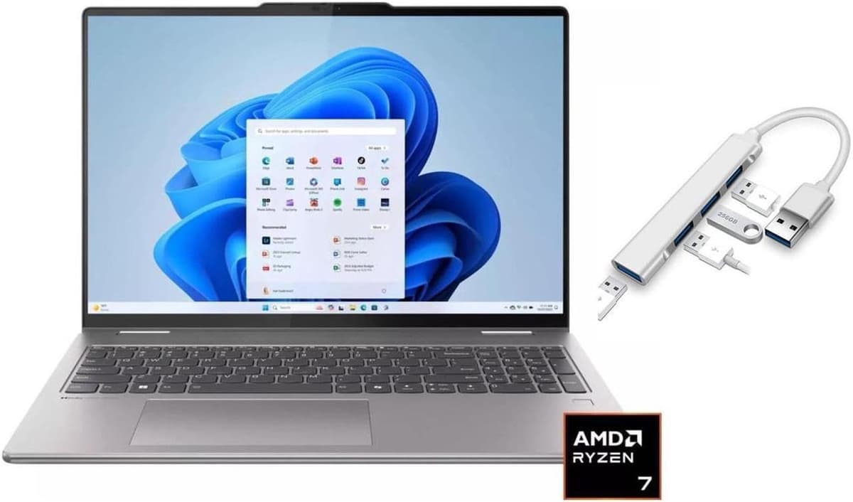 Lenovo Yoga 2 en 1 16 2K táctil | AMD Ryzen 7 8840HS supera a Intel Ultra 5 | Gráficos AMD Radeon | Teclado retroiluminado | Lector de huellas | 16 GB RAM DDR5 | 1024 GB SSD | Windows 11 Home | Paquete con HUB USB 3.0