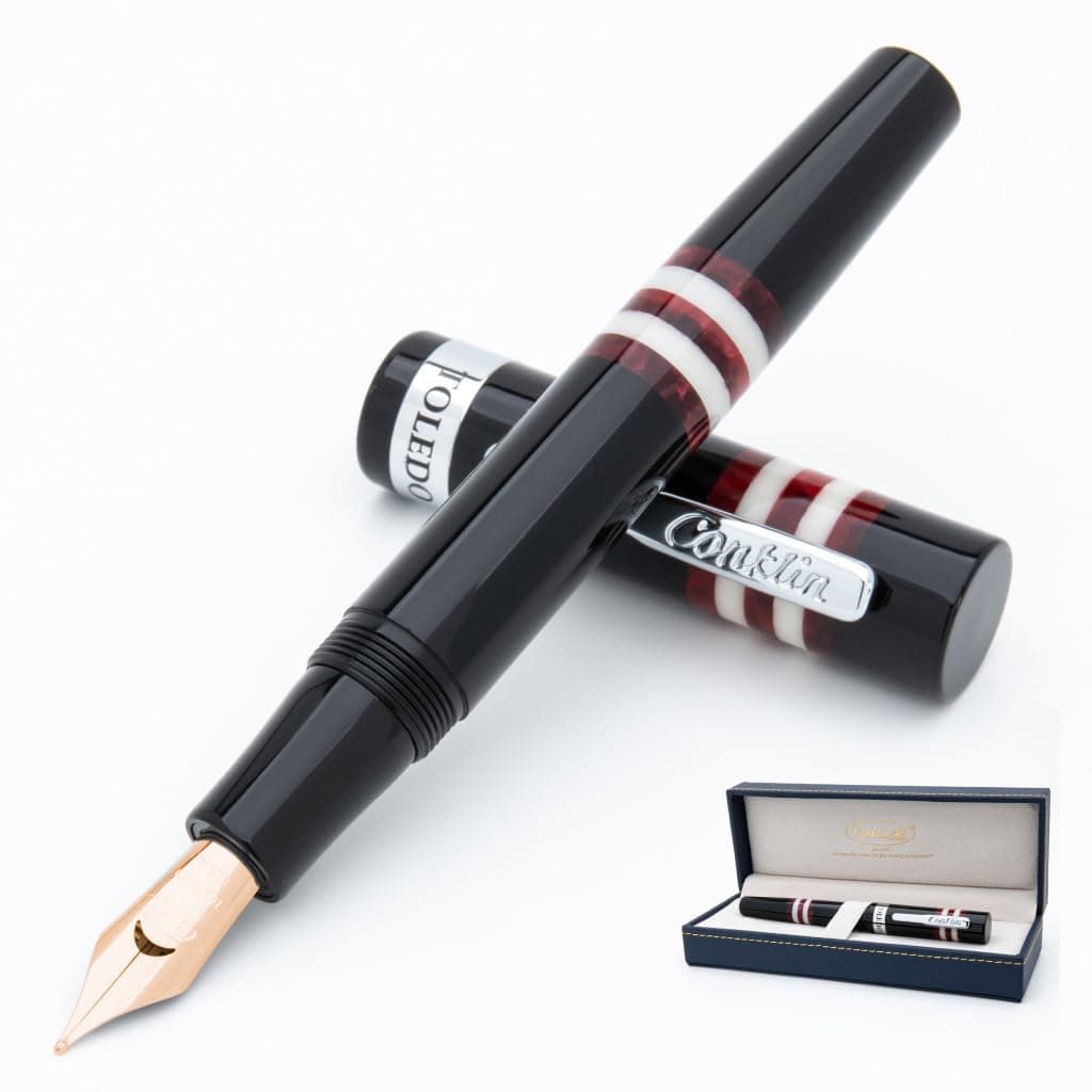 Pluma fuente Conklin Toledo negra con anillos burdeos y blanco - Punta sólida de oro 14K media CK16115