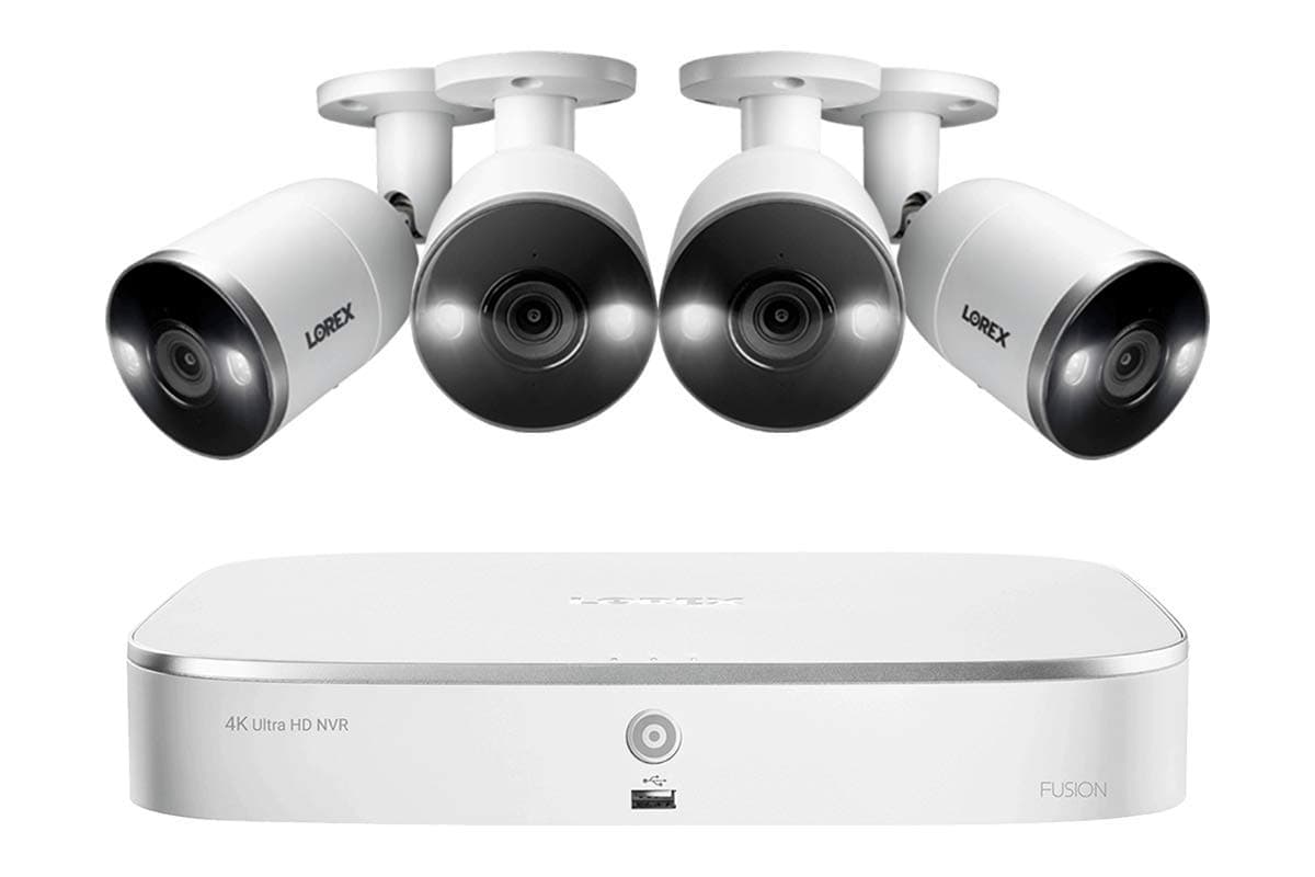 Sistema de vigilancia Lorex N4K2SD-84WB con NVR Fusion 4K N842A82 de 2TB y 4 cámaras bala de disuasión activa E892AB 4K 8MP