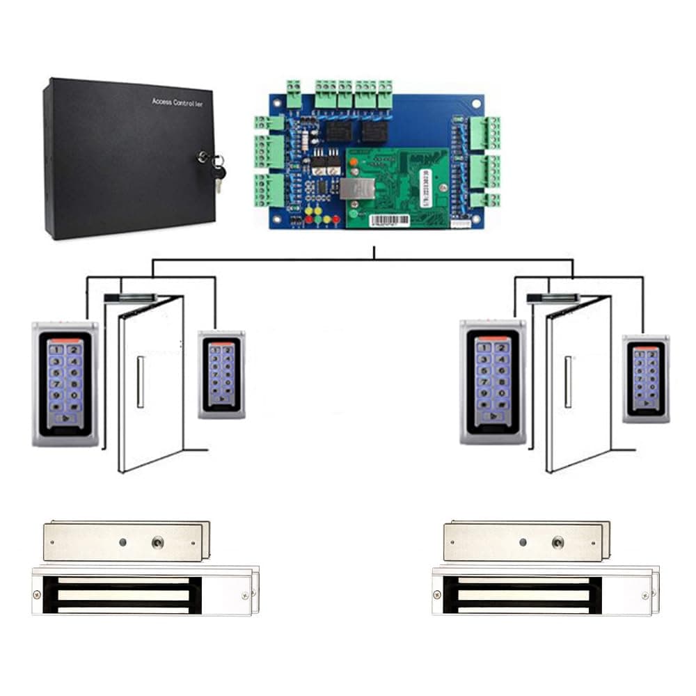 MENGQI-CONTROL Control de Acceso Entrada Salida Ambos Lados 2 Puertas Lector RFID Impermeable Metal con Teclado (Tarjeta/llavero/PIN) + Cerradura Magnética Electrónica 600 lbs + Fuente de Alimentación + APP Móvil para Abrir Puerta Remotamente 1door-2 reader-metal push button