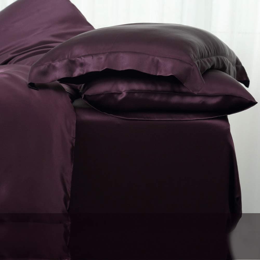 Orose 4Pcs 25MM Silk Sheets Set 100% Charmeuse Mulberry Silk Bed Sheet Set Queen Deep Purple