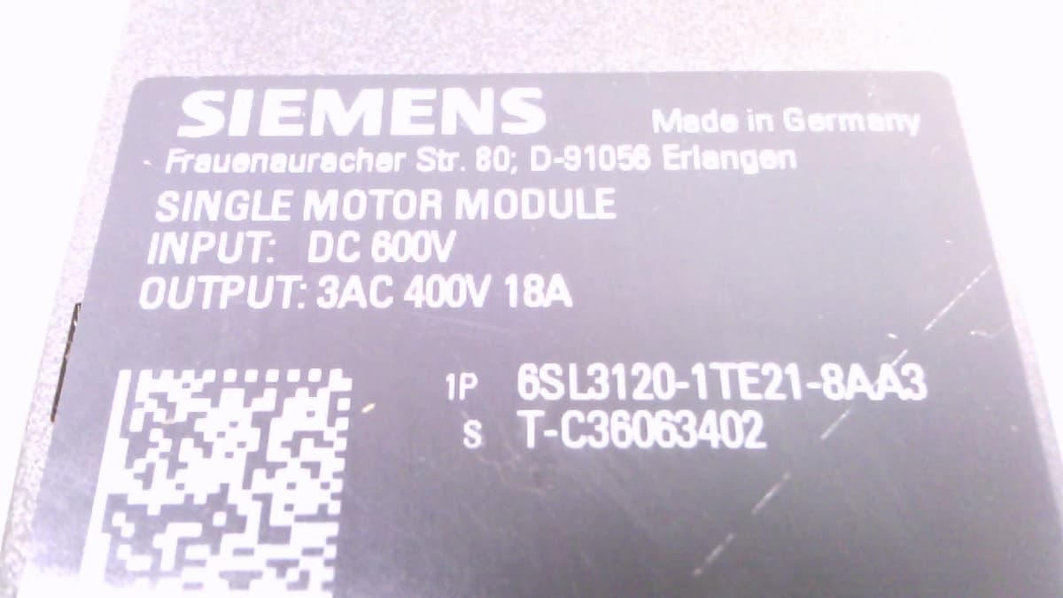 Siemens Sinamics S120 6SL3120-1TE21-8AA3 Módulo motor monopolar