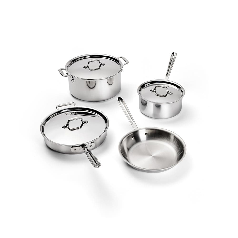 All-Clad D3 Juego de utensilios de cocina de acero inoxidable de 3 capas - Juego de ollas y sartenes de 7 piezas, apto para inducción, horno y asador hasta 600°F - Incluye sartenes, cazos, sartén para saltear, olla, utensilios de cocina profesionales - Plateado 11644913830