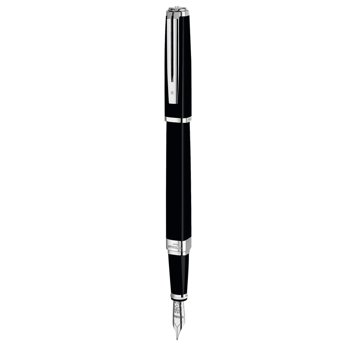 Waterman Exception Pluma Estilográfica, Delgada Negra con Clip Plateado, Punta Fina con Cartucho de Tinta Azul, Caja de Regalo S0637010