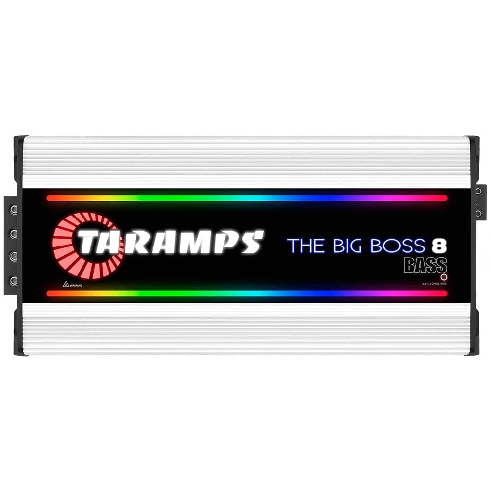 Taramps The Big Boss 8 Bass Versión Blanca Amplificador Monobloque Efectos RGB 0.5~2 Ohms 8000 Watts RMS Multi-Impedancia Sistema de Audio para Auto Clase D, Smart 8k