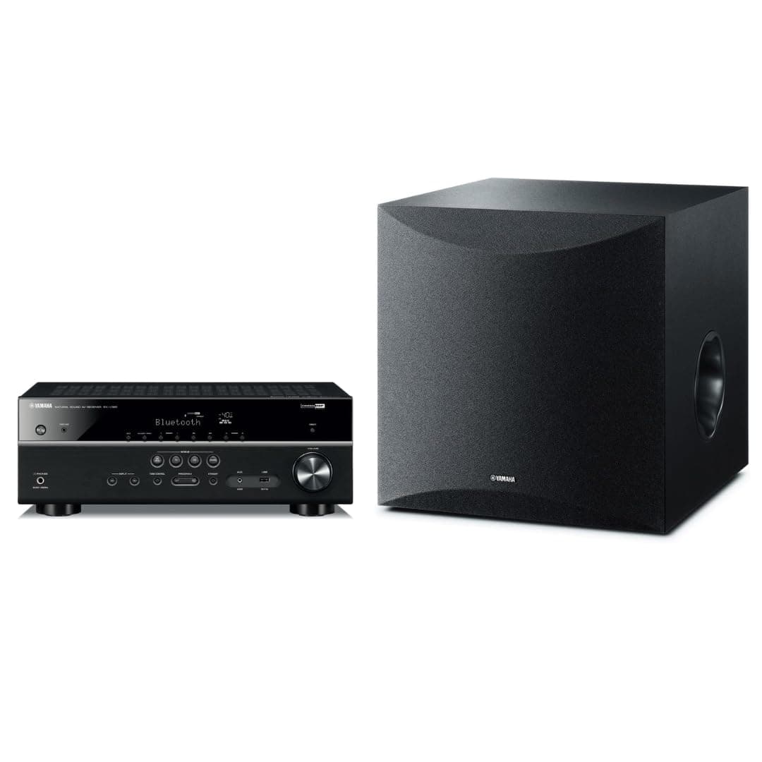 YAMAHA RX-V385 5.1-Canales 4K AV Receiver con NS-SW100BL Subwoofer 10" 100W (Negro) RX-V385 | NS-SW100BL