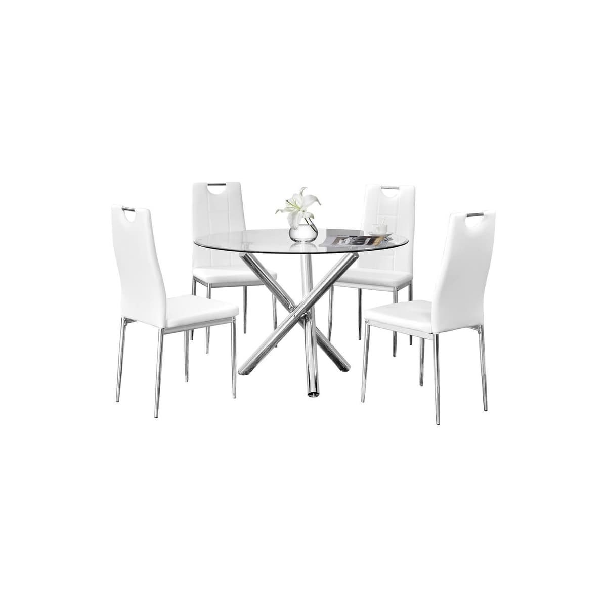 Best Master Furniture Trevi juego de comedor redondo de 5 piezas con tapa de vidrio y 4 sillas sin brazos en cuero sintético (Blanco) T248