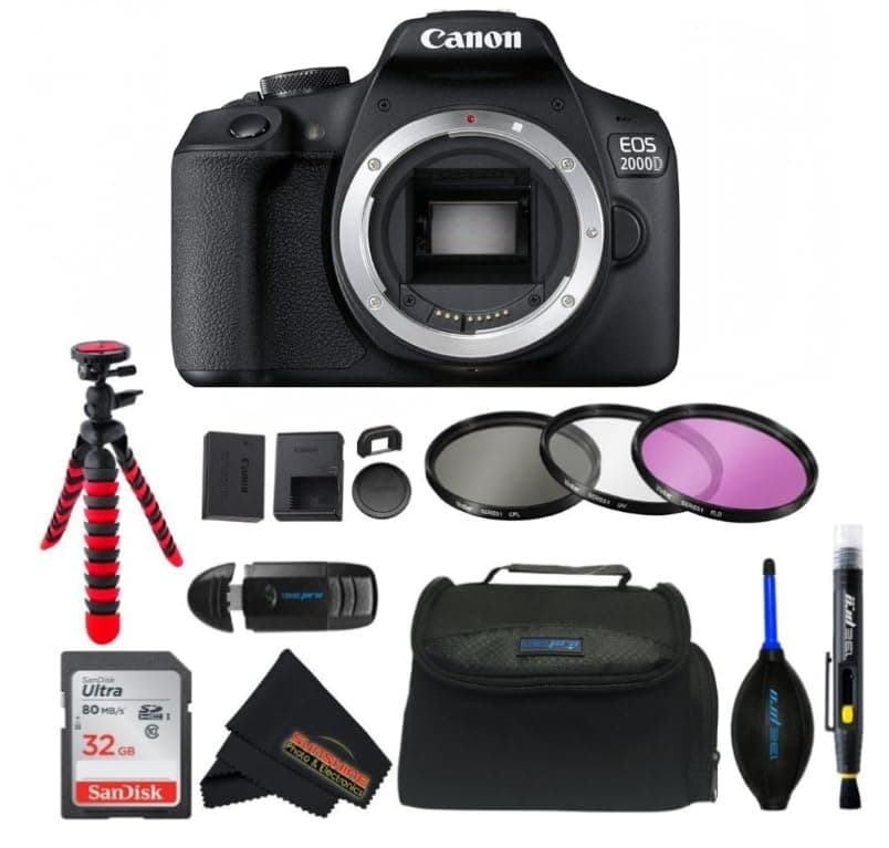 Canon EOS 2000D (Rebel T7) Cuerpo de Cámara DSLR (Modelo Internacional) con Paquete de Accesorios Básicos Sunshine Photo (Reacondicionado) 2728C003
