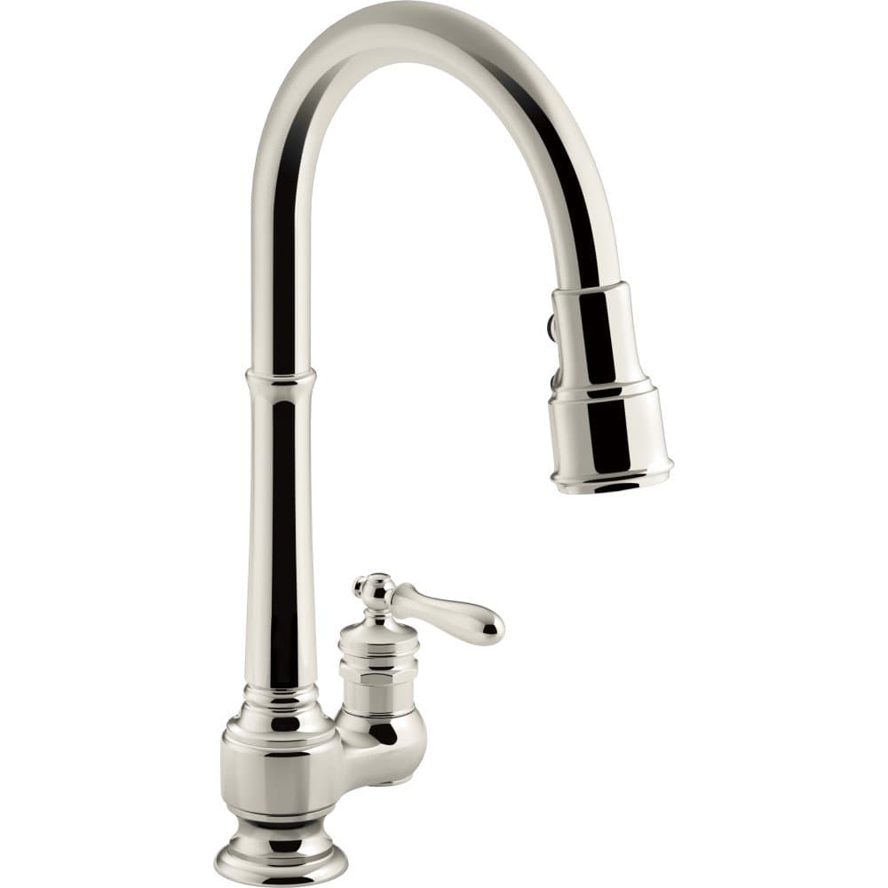 Kohler K-99260-SN, Grifo de cocina de un solo orificio con acabado níquel pulido vibrante, caño retráctil de 17-5/8 pulg. y cabezal rociador de 3 funciones, L 30.5" x 13.75" W x 3.5" H