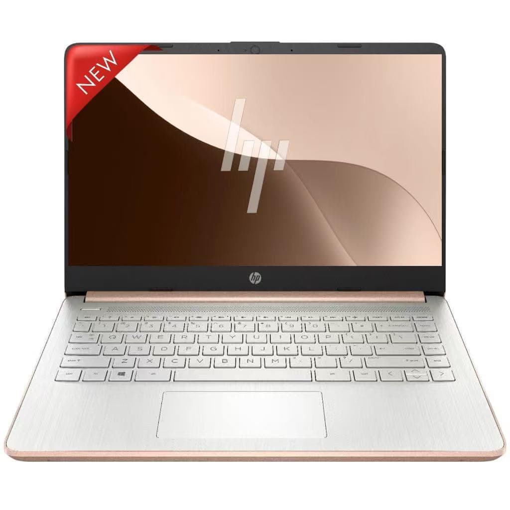 HP Notebook delgada y potente con 16 GB de RAM - 1 año gratis de Microsoft 365, Intel Core rapido, 1, 1 TB de almacenamiento (64 GB SSD con 64 GB externos y 1 TB en la nube) - Windows 11 sin auriculares (Oro Rosa) 14