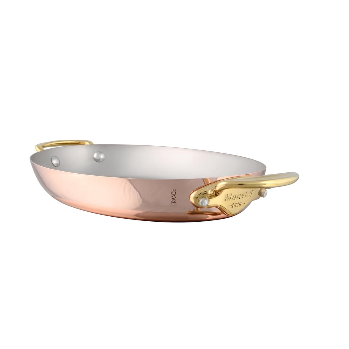 Mauviel M'Heritage 150 B Sartén ovalada 17.7" cobre 1.5mm con interior en acero inoxidable y asas de latón, hecha en Francia 672445
