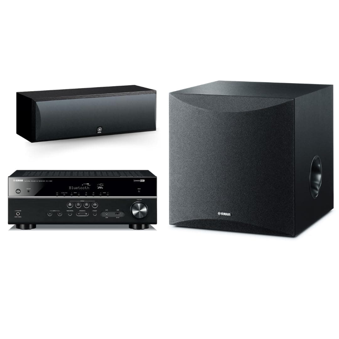 YAMAHA RX-V385 5.1-Canales 4K AV Receiver con NS-SW050BL 8" 100W y NS-C210BL Centro (Negro) RX-V385 | NS-SW050BL | NS-C210BL