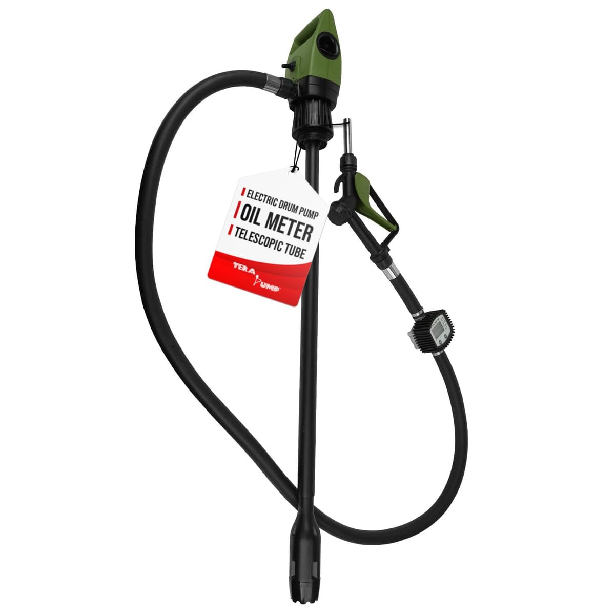 TERA PUMP Bomba eléctrica para tambor 55 gal con medidor (7.1 GPM) y tubo telescópico A-TP-TREDRUMT-M-VX-001