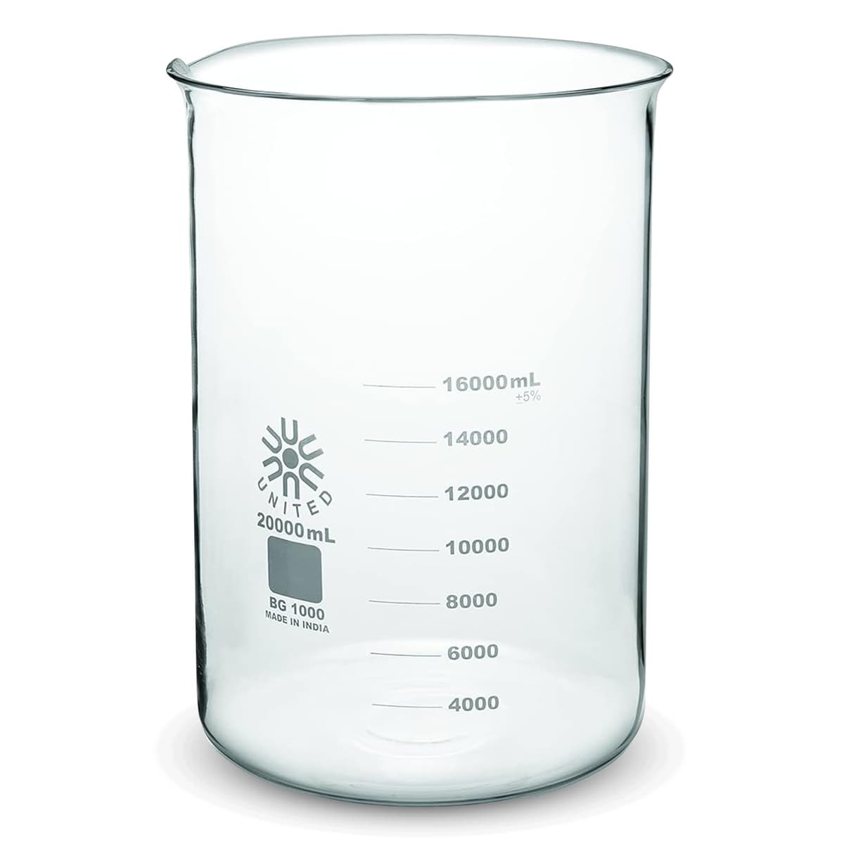 United Scientific Beaker de vidrio borosilicato 20 L Low Form Griffin, graduado doble (1 unidad) BG1000-20000