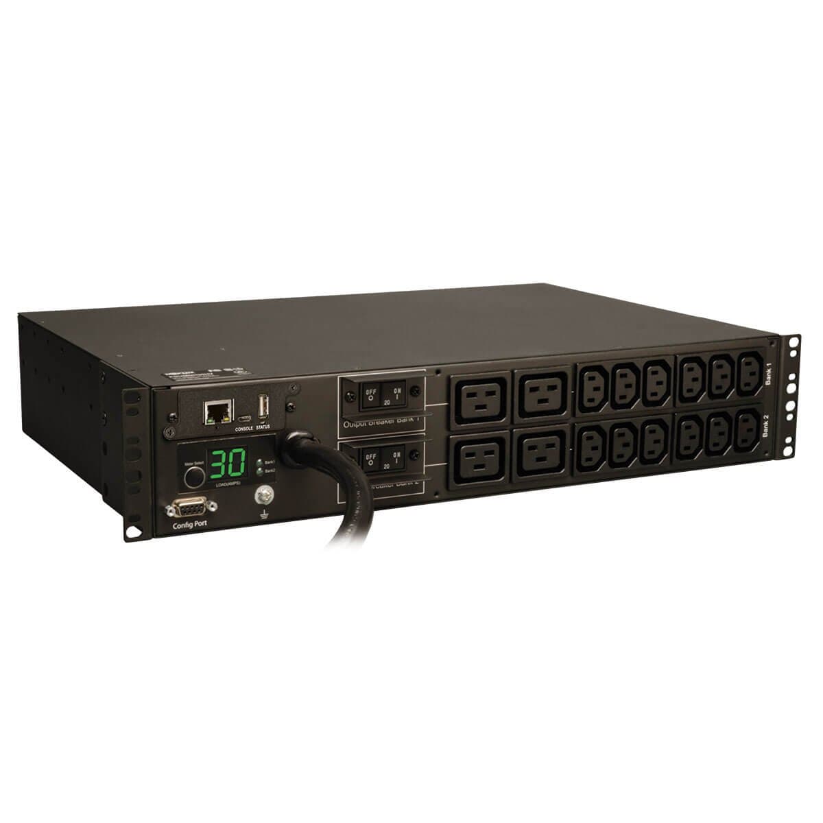 PDU Monitoreada Tripp Lite, 30A, 16 Tomas (12 C13 y 4 C19), 208/240V, L6-30P, Cable de 12 pies, Alimentación para Rack 2U (PDUMNH30HV), Negro