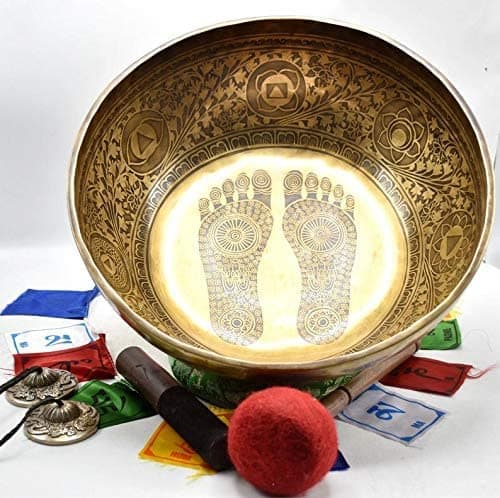Large Singing Bowl 16 in - Cuenco Cantador con Pie de Buda, Artesanal de Nepal, con Mazo y Cojín SBBT16