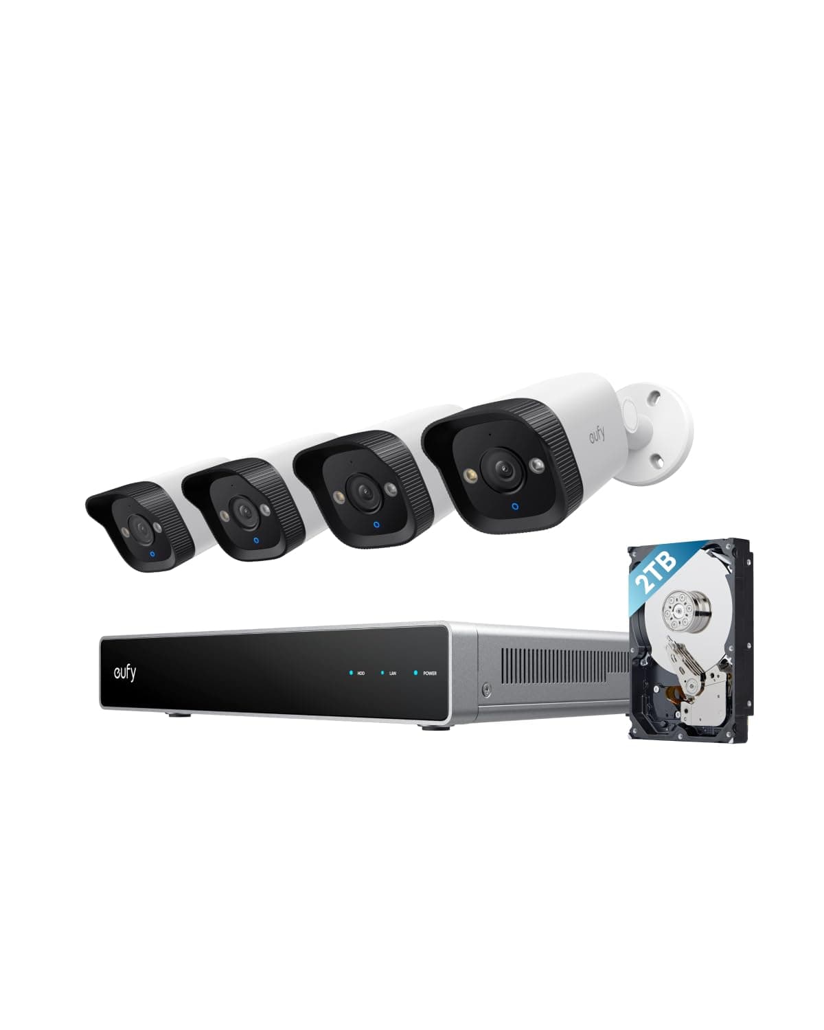 eufy Sistema de Seguridad PoE NVR E40, Grabación 24/7, Hasta 16 Canales, 2TB HDD, 4 Cámaras Bullet 4K, Cámara Exterior Cableada, 4K UHD, 122° FOV, Visión Nocturna a Color, Detección AI, Estroboscópico Rojo y Azul T8P00