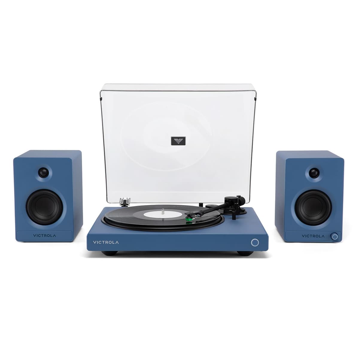 Victrola Wave + Victrola Tempo - Tocadiscos Bluetooth con Auracast y altavoces bookshelf (Bundle, Blue)