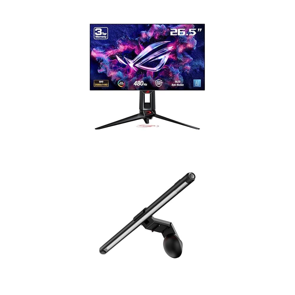 ASUS ROG Swift OLED 27” 1440P Gaming Monitor (PG27AQDP) + ROG Aura Monitor Light Bar (ALB01)