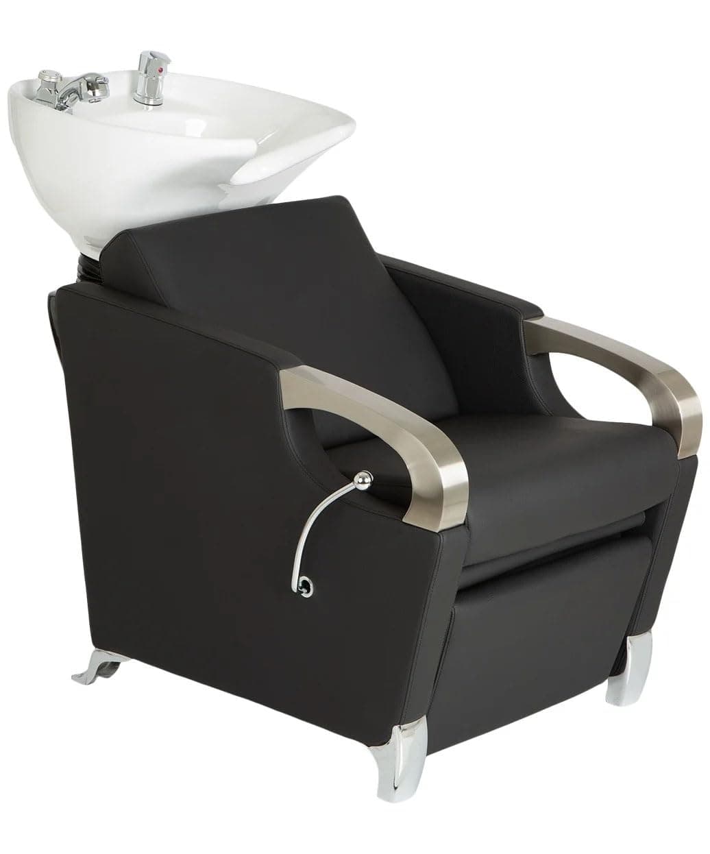 Buy-Rite Luna Estación de lavado de cabello con lavabo de porcelana inclinable y silla ancha, blanco y negro YLG-583-1