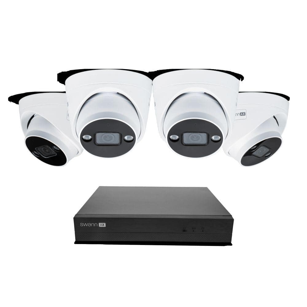 Swann AdvancedX NVR con cable 4K Sistema de cámaras de seguridad, 8 canales, 4 cámaras domo PoE para exterior, almacenamiento HDD 1TB, visión nocturna en color, análisis/alertas de video con IA inteligente, detección avanzada de movimiento SWNVK-8ADVANX4D-US