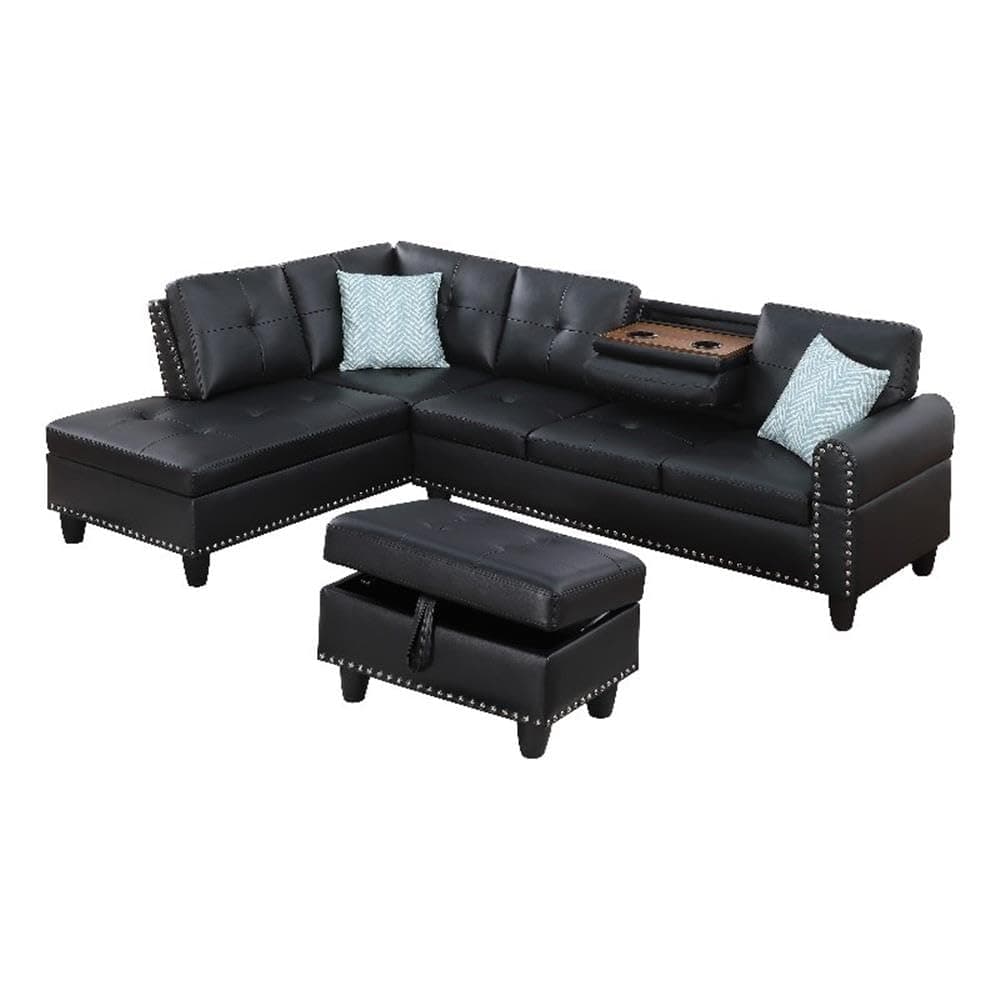 Devion Furniture Seccional Transitional PU Faux Leather con Ottoman con Almacenamiento, Negro DV4041