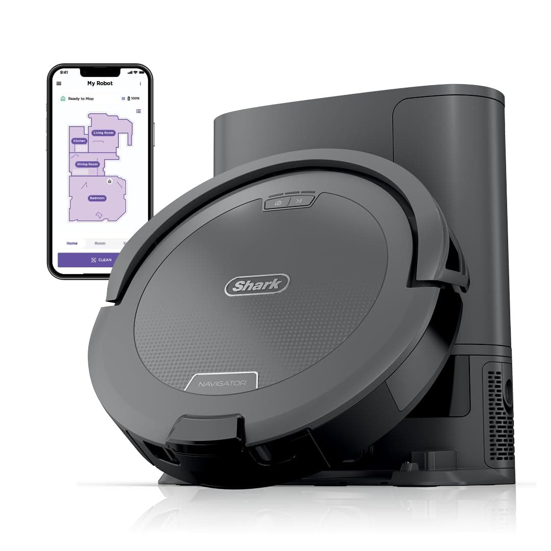 Shark Navigator Robot Vacuum con base de auto-vaciado sin bolsa (60 días), SmartPath, ideal para pelo de mascotas, para alfombras y pisos duros, gris - RV2120AE