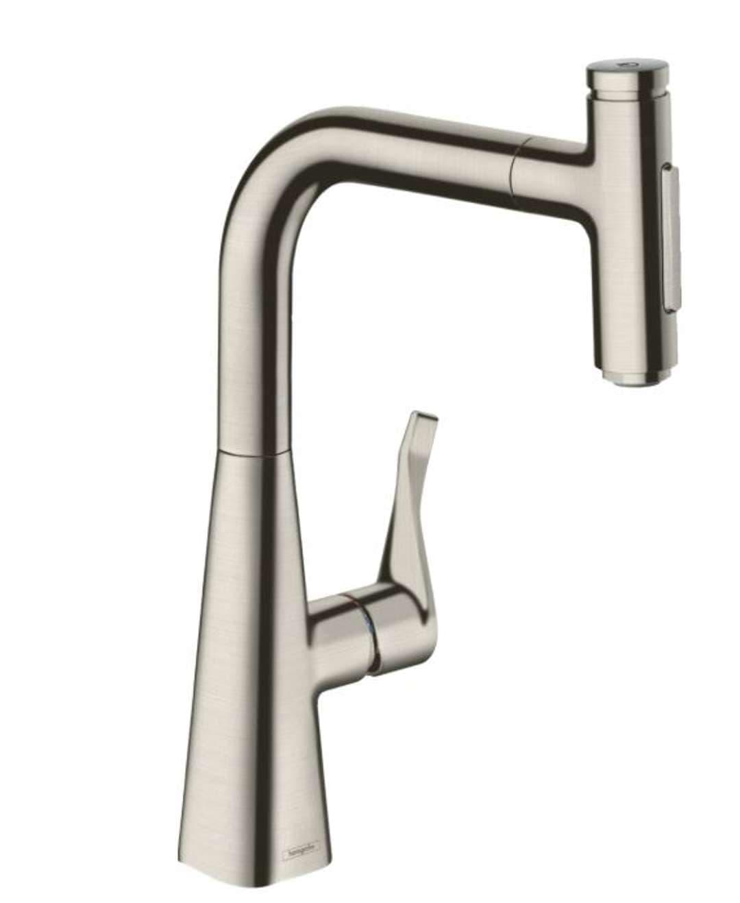 hansgrohe Metris Select M71 grifo de cocina alto con ducha extraíble y sBox, acero inoxidable 73817800