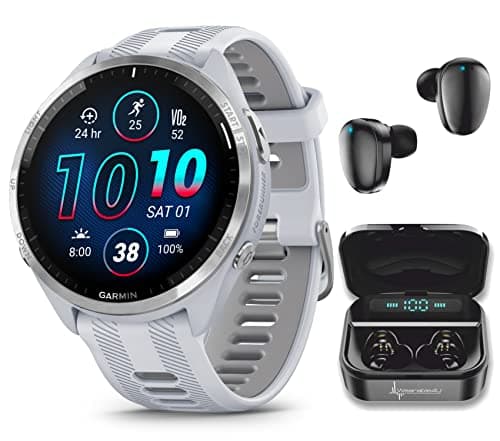 Wearable4U - Garmin Forerunner 965 Reloj Inteligente GPS para Correr y Triatlón de 47 mm con Pantalla AMOLED Táctil, Bisel de Titanio y Correa de Silicona Whitestone con Auriculares Negros en Paquete TWS X7/X7-1
