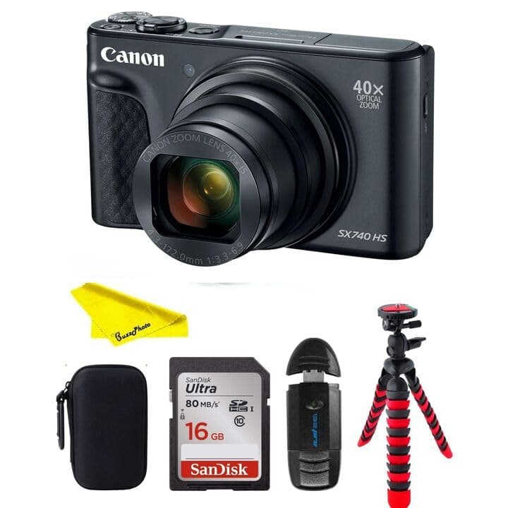 Cámara Digital Canon PowerShot SX740 con Zoom Óptico 40x y LCD Inclinable de 3 Pulgadas (Cámara con Paquete de Accesorios Básicos BuzzPhoto, Negro) 2956C001