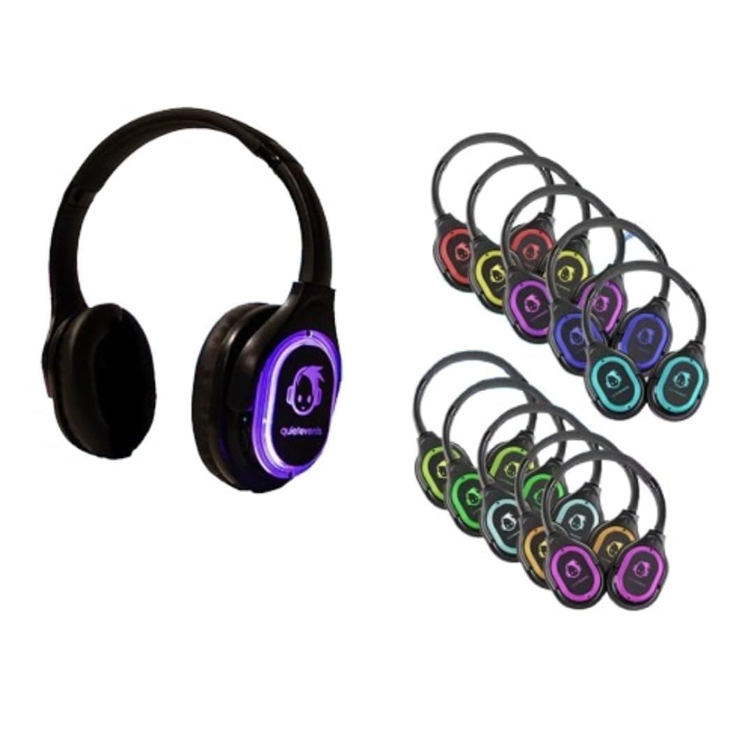 Quiet Events Silent Disco Headphones Party Bundle 10PK con 3 Transmisores 3CH-PARTY-10PK