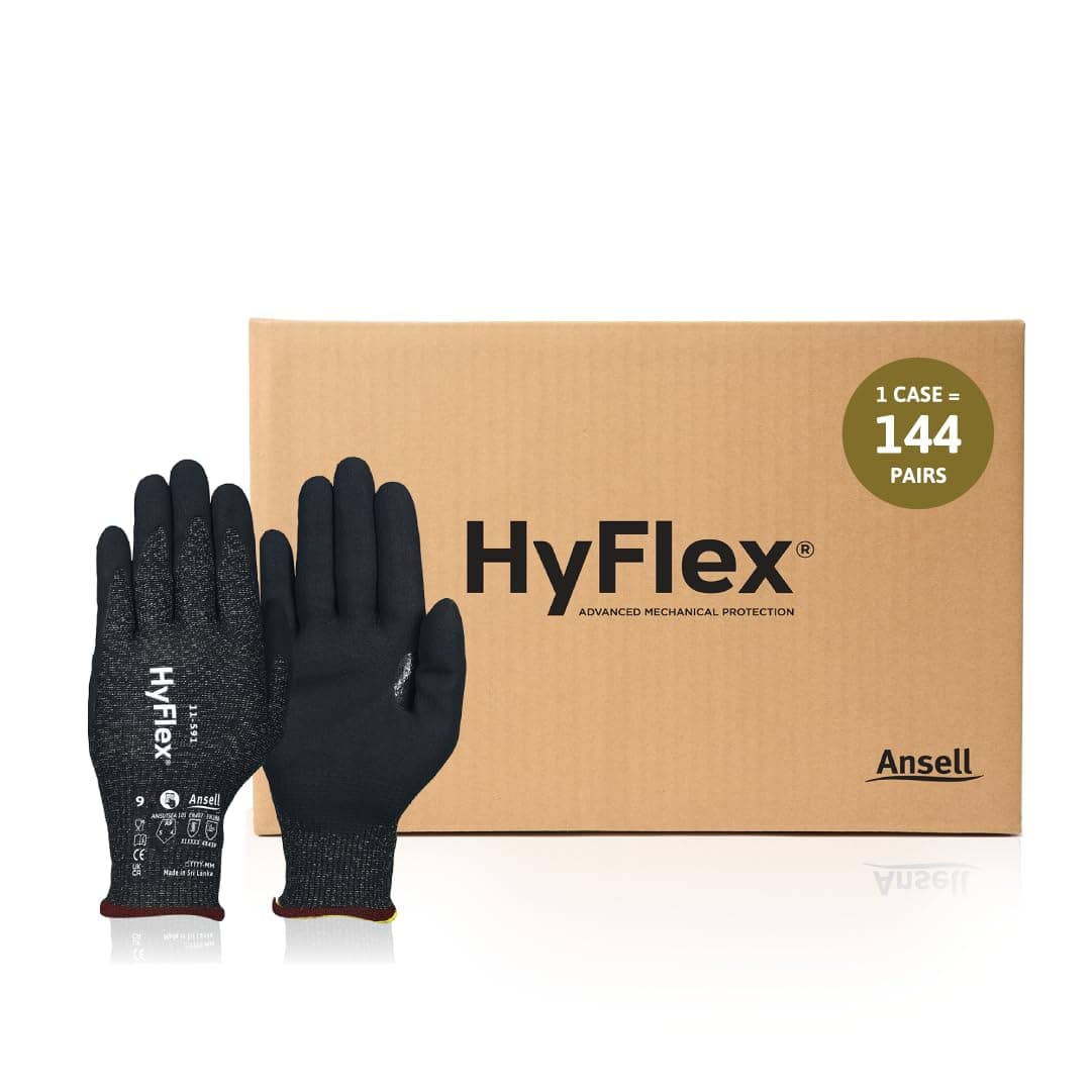 Ansell HyFlex 11-591 Guantes de seguridad ultraligeros industriales, talla 8, negros (Pack de 144)