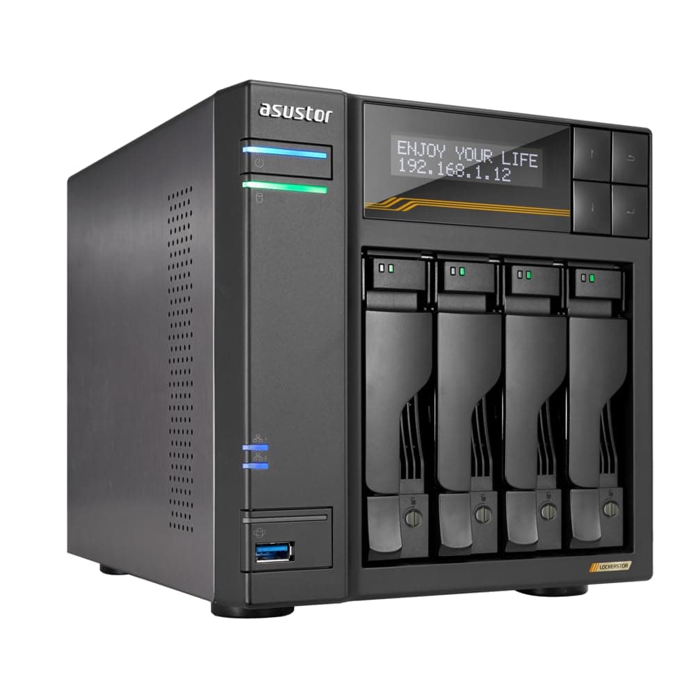 Asustor Lockerstor 4 Gen3 AS6804T 4 bahías NAS, AMD Ryzen Quad-Core 2.3GHz, 16GB ECC DDR5,4x M.2 NVMe, Doble 5GbE y 10GbE (sin discos)