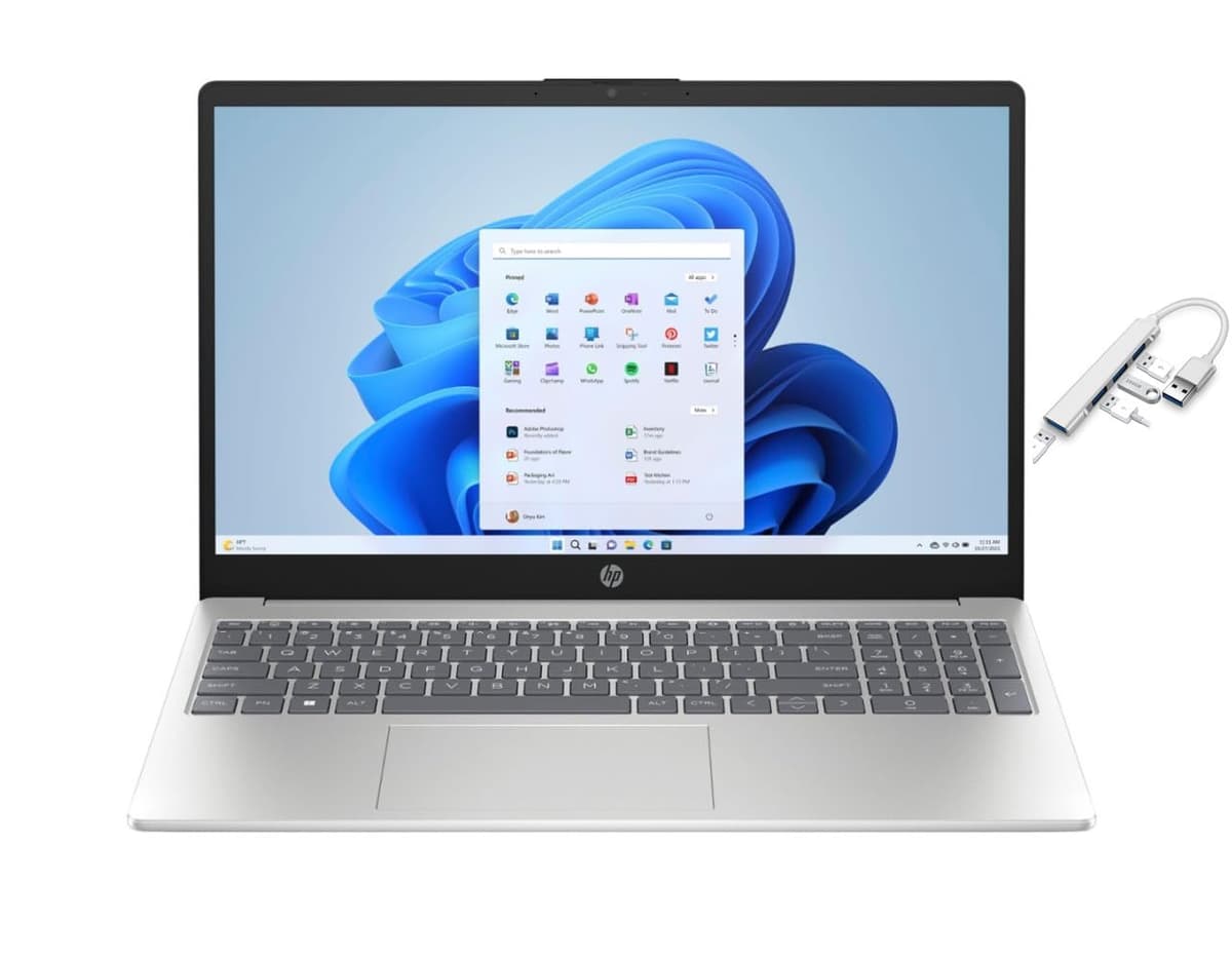 HP Laptop 15.6" FHD | AMD Ryzen 5 7520U (Mejor que i7-1255U) | Gráficos Integrados AMD Radeon | 16GB RAM DDR5 | 256GB SSD | Windows 11 Home | Paquete con Hub USB 3.0, Plateado