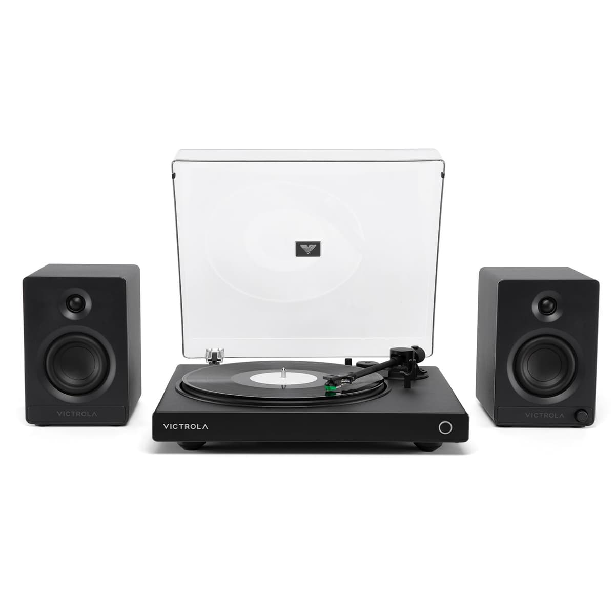 Victrola Wave - Bluetooth Turntable 2-Speed con Auracast y Par de Parlantes Bookshelf (Bundle, Black)